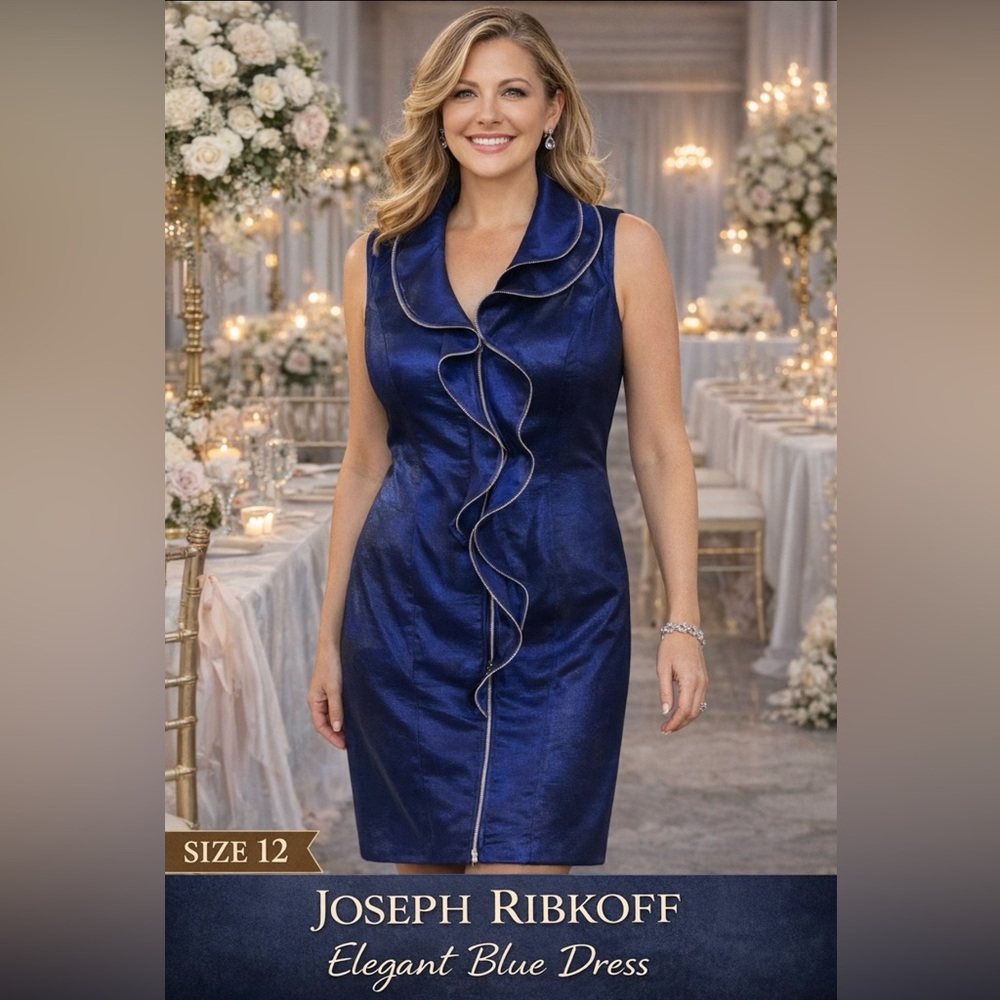 JOSEPH RIBKOFF 🇨🇦 Dress Size 12 Irridescent Navy Blue Zipper Dress Unique